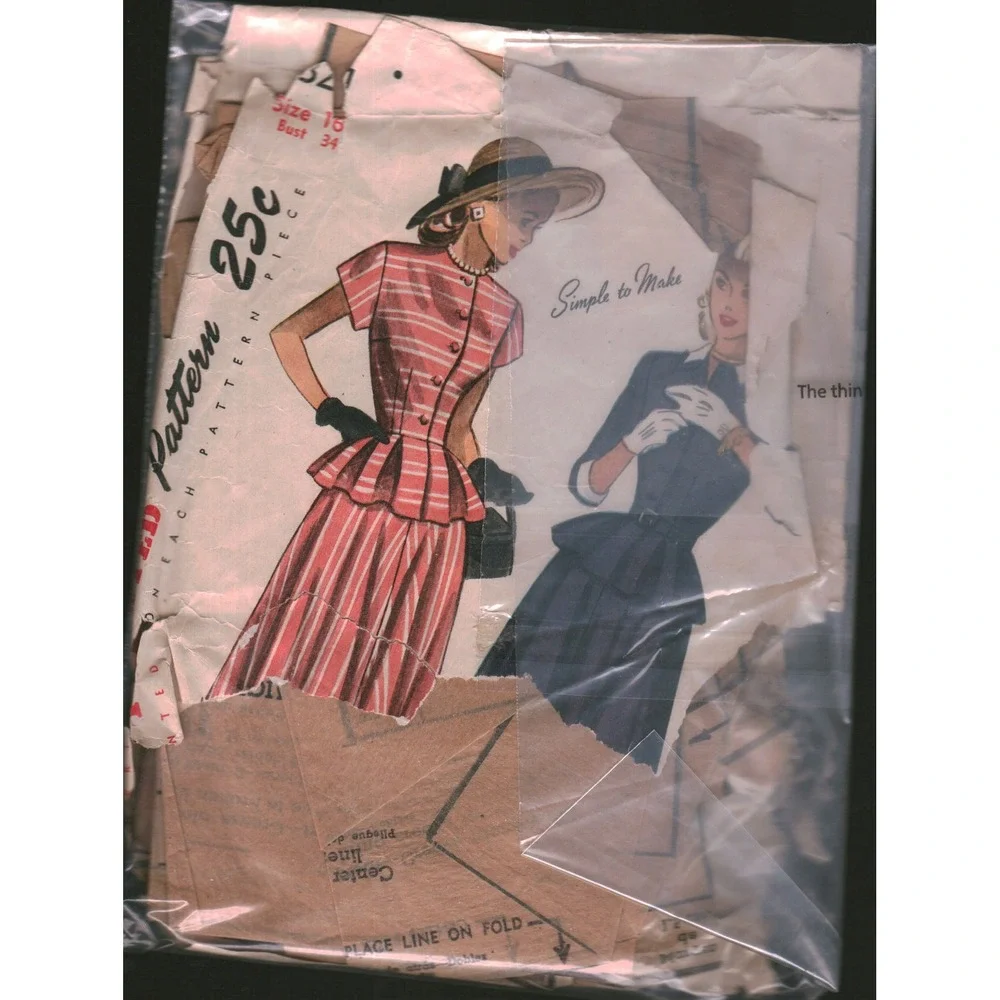 Vintage Simplicity 2321 Two Piece Peplum Dress Pattern Size 16 Bust 34 1940s 50s